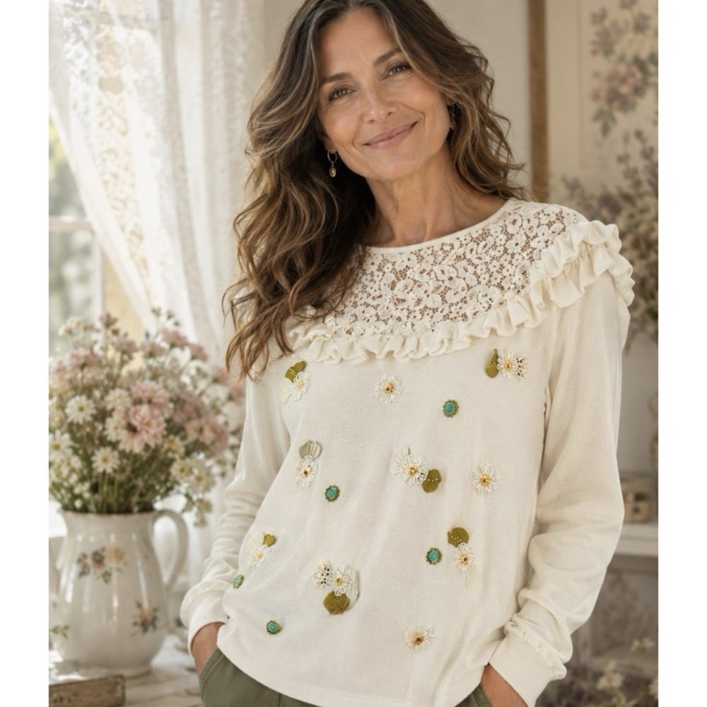 Lace Collar Crew Neck Sweater Large Cream 3D Flowers Embroidered Beaded Sequins